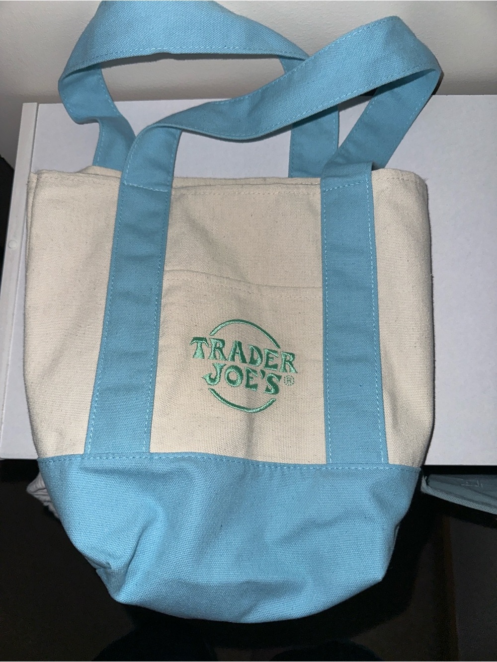 Trader Joe's Canvas Tote in Cream and Light Blue
